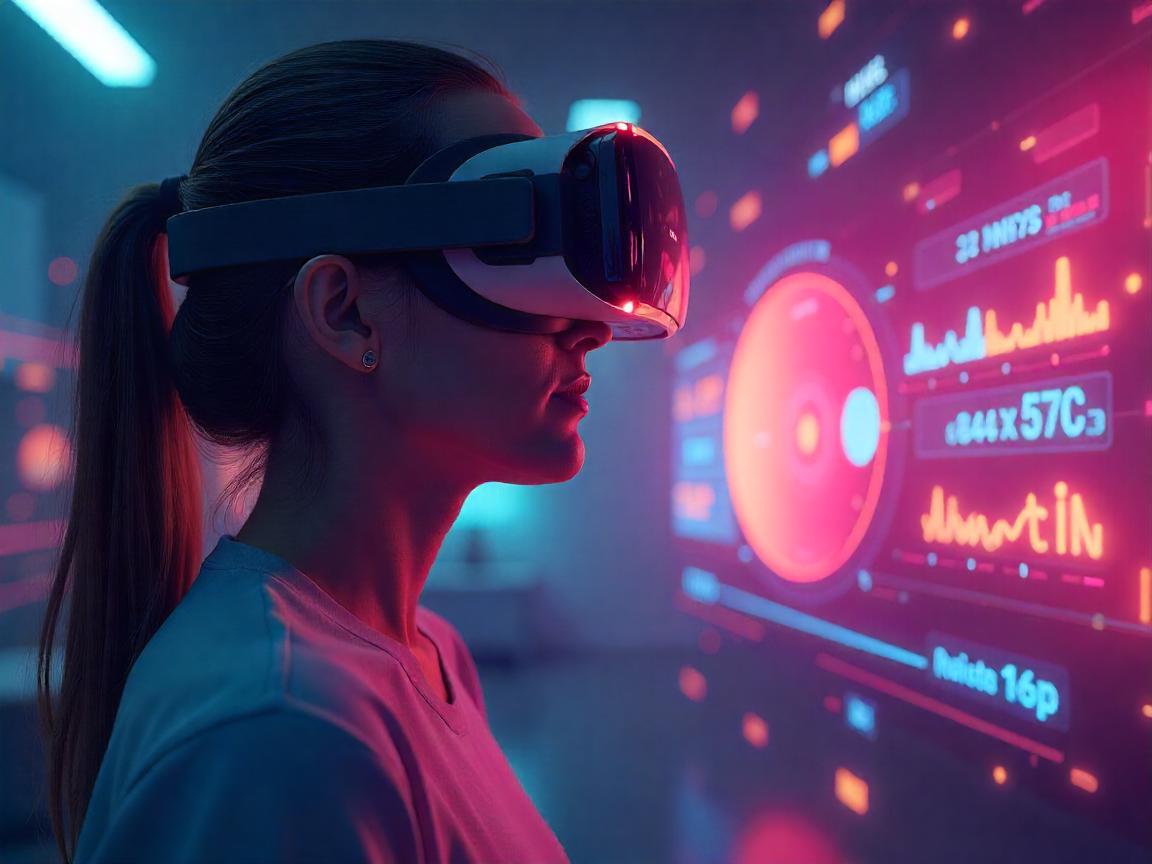 A realistic 3D scene of a player wearing a VR headset, surrounded by a glowing emotional feedback interface—waves of color and emotion icons (joy, fear, calm) pulse outward from the headset. In the virtual world ahead, the game world is dynamically morphing: an NPC is reacting empathetically, the environment's lighting shifts to match the player’s detected emotion (e.g., from stormy to sunny). Include biometric data graphs floating near the player’s head, with mood labels like "stress: high" or "calm: increasing." The scene should feel futuristic yet intimate, highlighting the human-AI emotional connection.